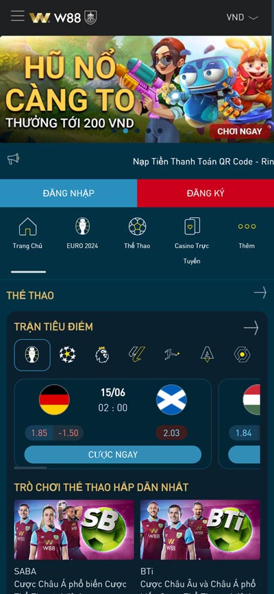 Giao diện w88 trên điện thoại